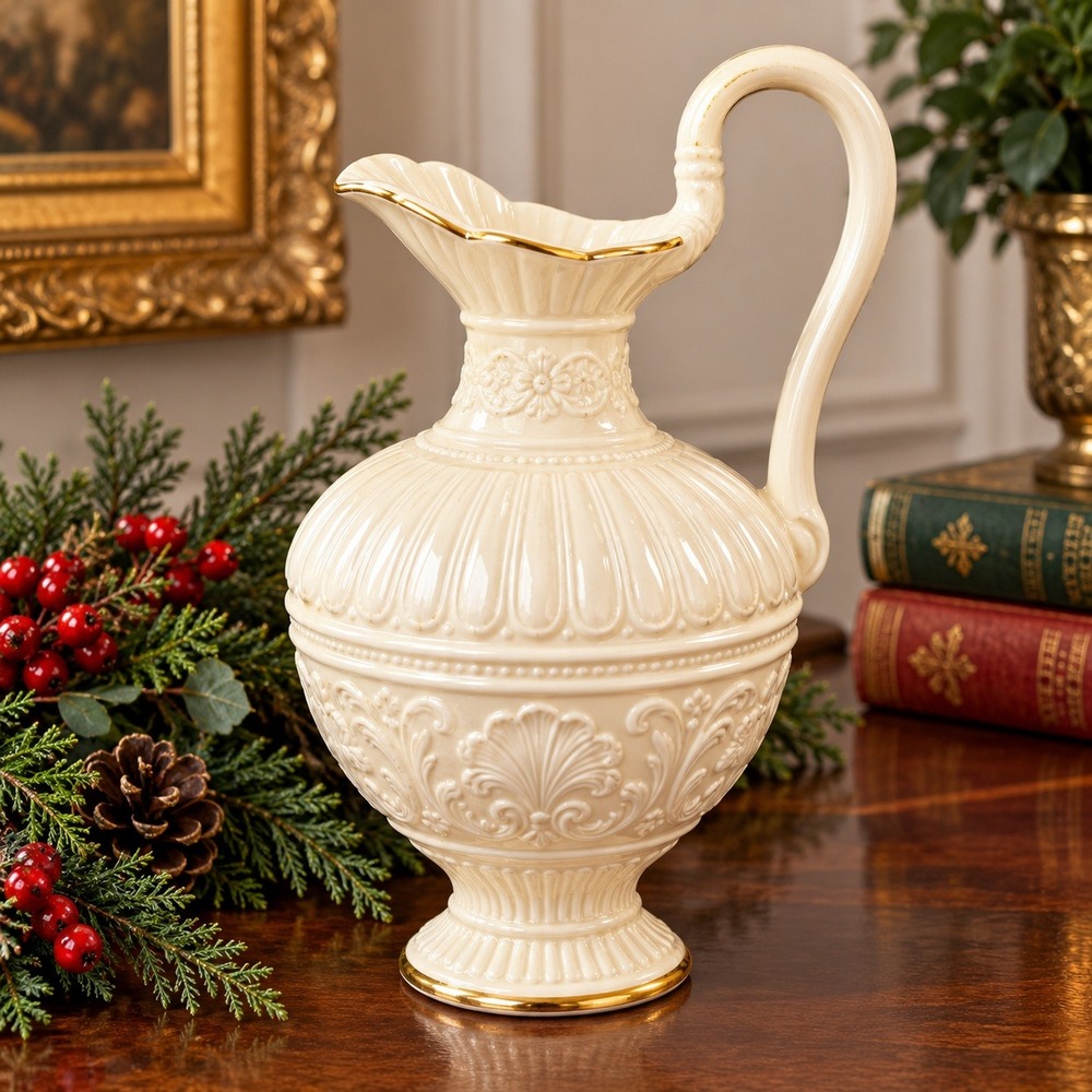 Vintage Lenox Athenia Ewer Pitcher Ivory Gold Trim Embossed Urn Vase USA